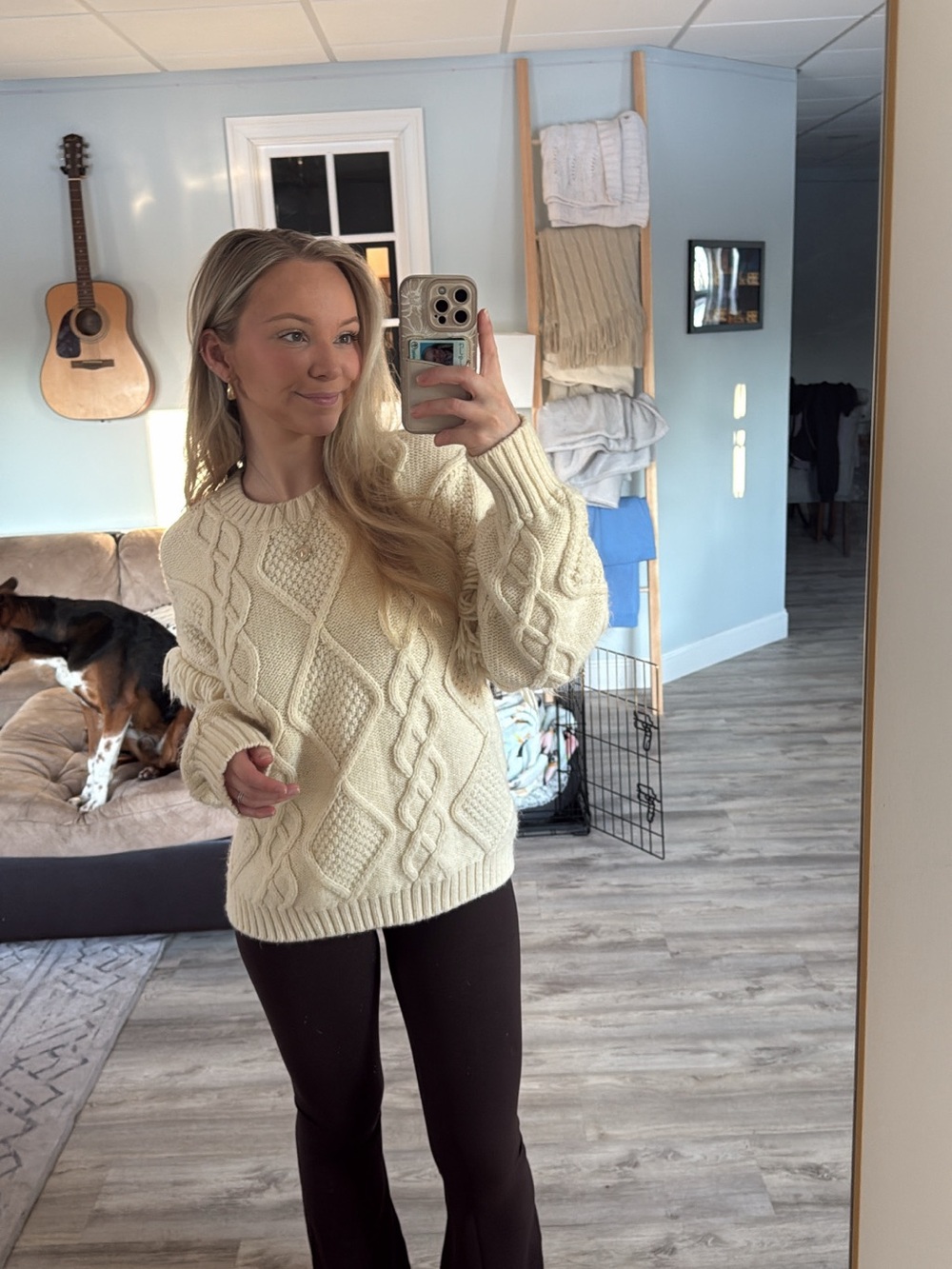 American Eagle Outfitters Cream Cable Crewneck Sweater